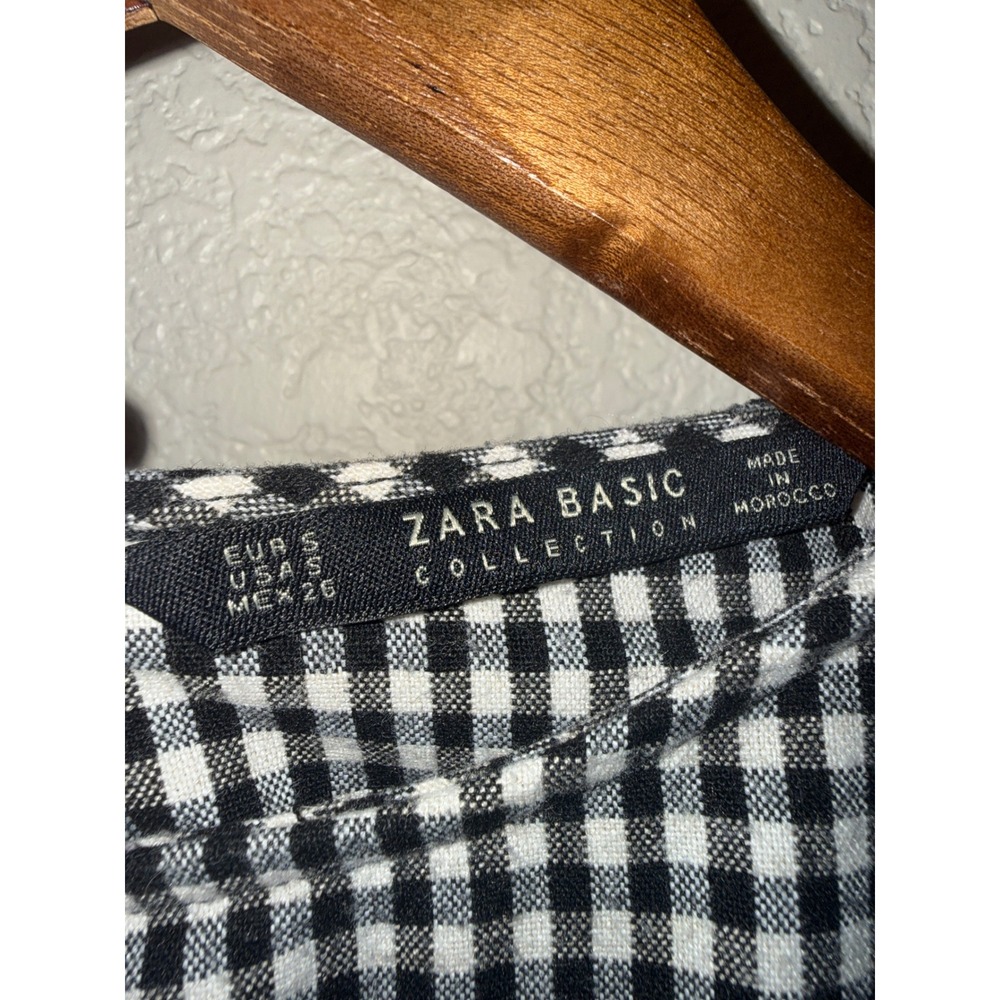 Zara Basic Gingham Peplum Blouse Black White Tie Sleeve Button Back Small - Picture 4 of 11